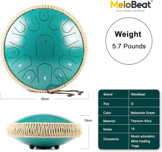 13" Professional Steel Tongue Drum – 15 Note | D Major | Sound Healing Instrument | Malachite Green