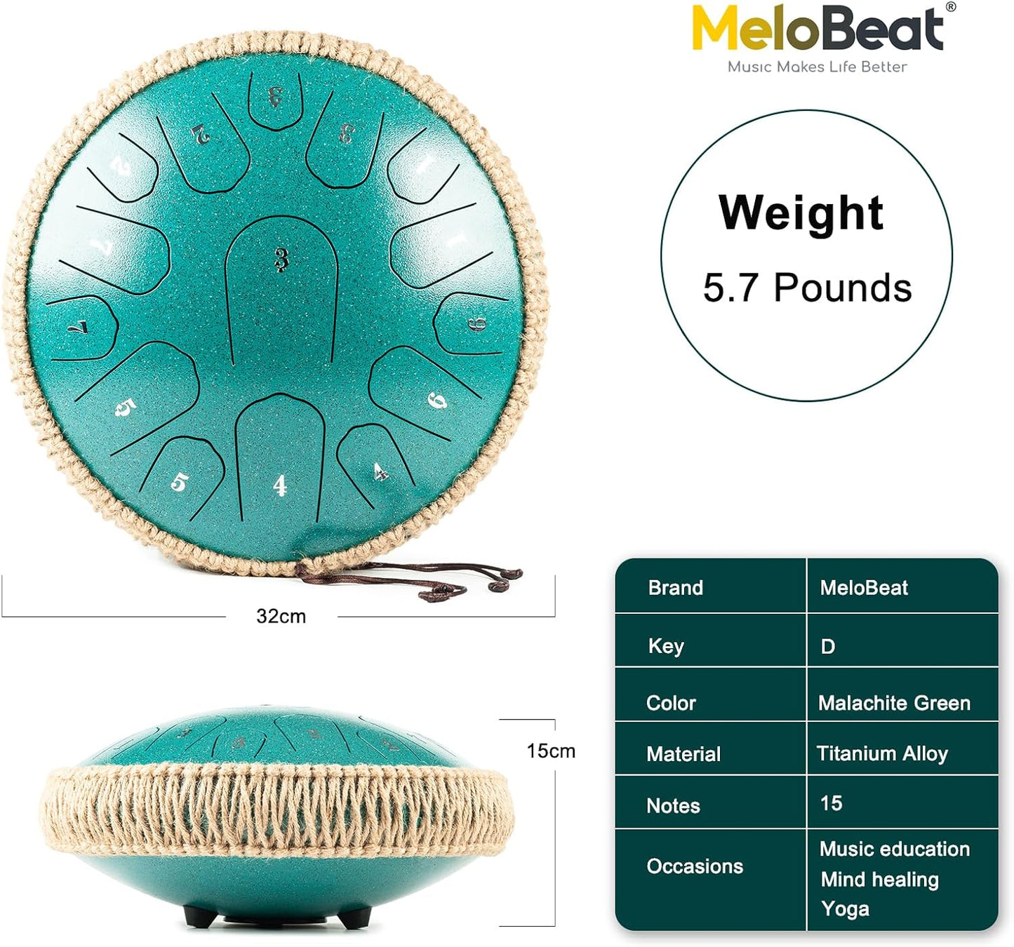 13" Professional Steel Tongue Drum – 15 Note | D Major | Sound Healing Instrument | Malachite Green