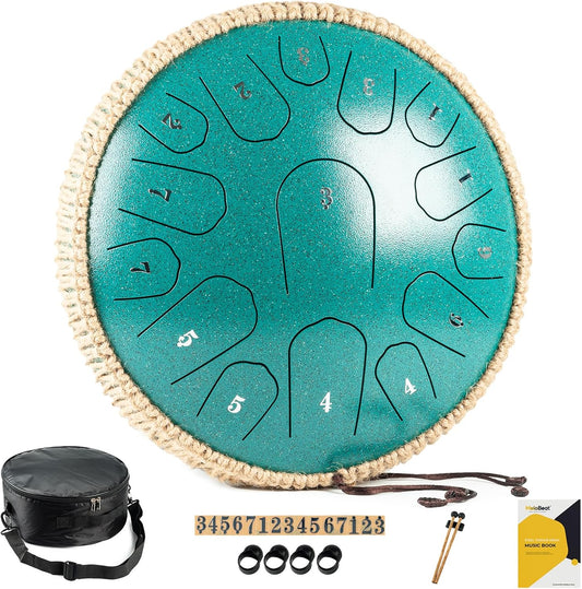 13" Professional Steel Tongue Drum – 15 Note | D Major | Sound Healing Instrument | Malachite Green