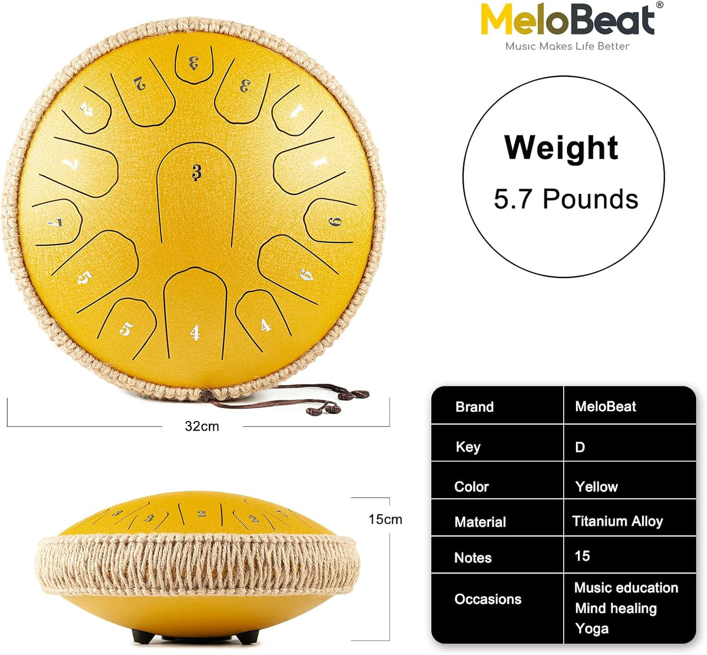 13" Steel Tongue Drum – Yellow | 15 Note D Major | Meditation & Sound Healing