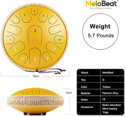 13" Steel Tongue Drum – Yellow | 15 Note D Major | Meditation & Sound Healing