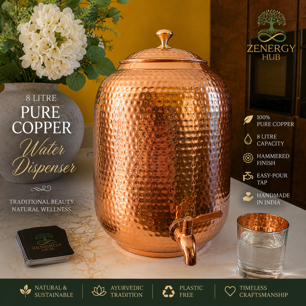 8 Litre Hammered Pure Copper Water Dispenser with Tap & Lid – Handmade in India
