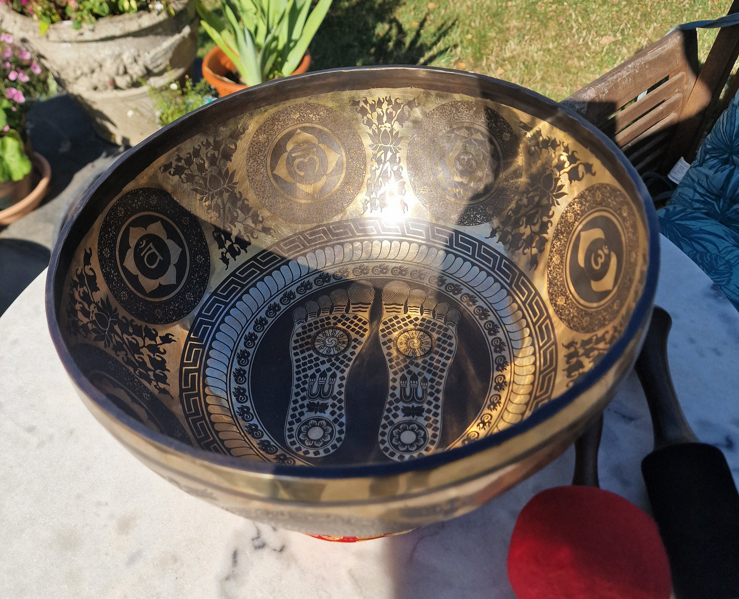 Inside view of Footprints of Buddha Tibetan singing bowl 12 inch
