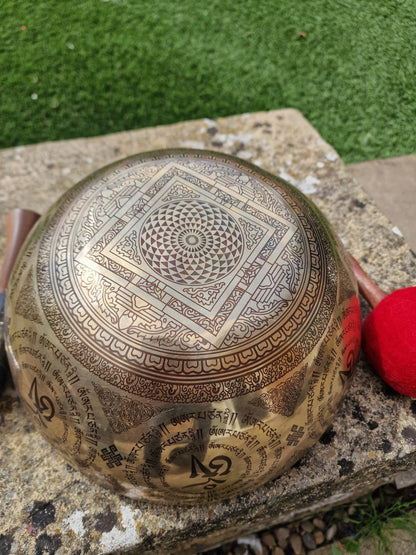Base design of God of Wealth Tibetan singing bowl 10 inch