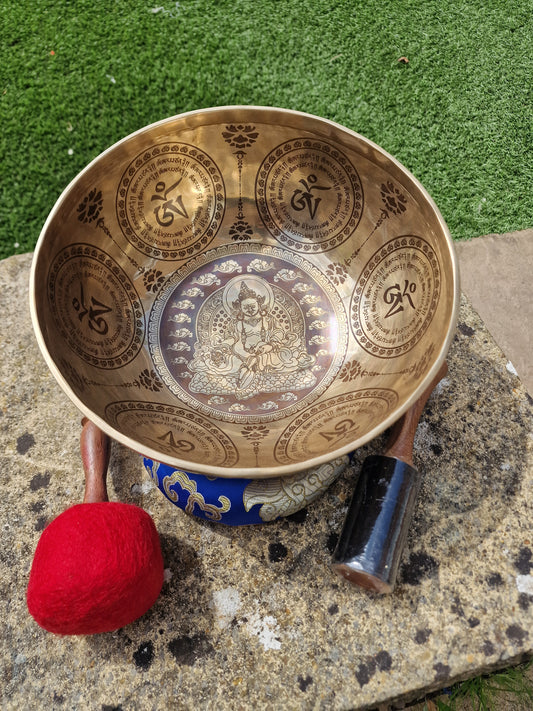 Inside view of God of Wealth Tibetan singing bowl 10 inch handmade in Nepal