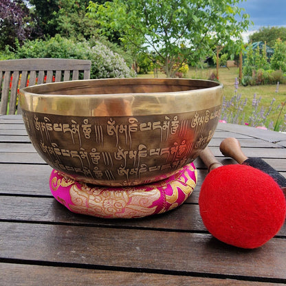 Handmade OM Mani Padme Hum Tibetan singing bowl 8 inch outdoor lifestyle photo