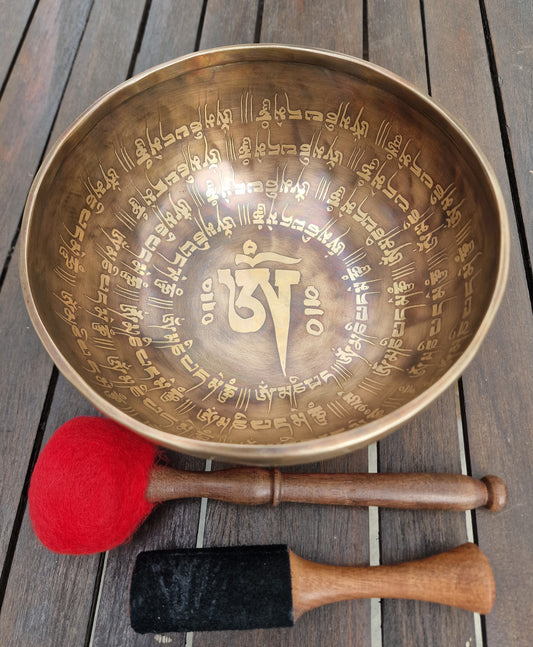 Inside view of OM Mani Padme Hum Tibetan singing bowl 8 inch with mallets