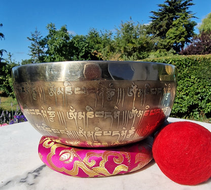 OM Mantra Tibetan Singing Bowl with Buddha Eyes Base 8 inch with cushion and mallet