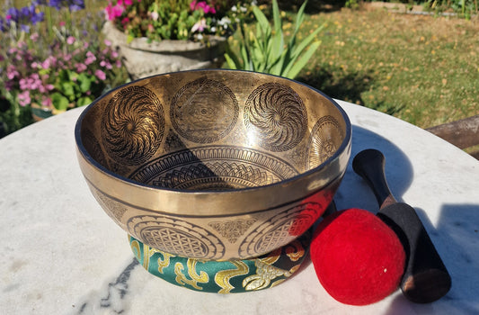Sacred Geometry Tibetan singing bowl 8 inch – interior mandala pattern (handmade in Nepal)