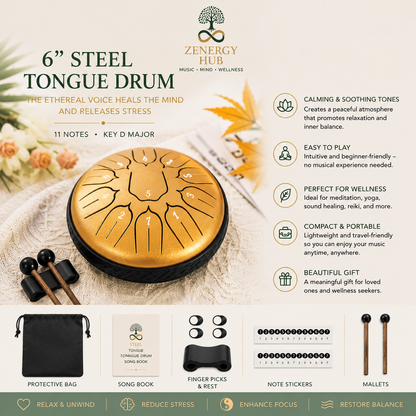 6" Steel Tongue Drum – Gold - Meditation, Mindfulness & Sound Healing Instrument