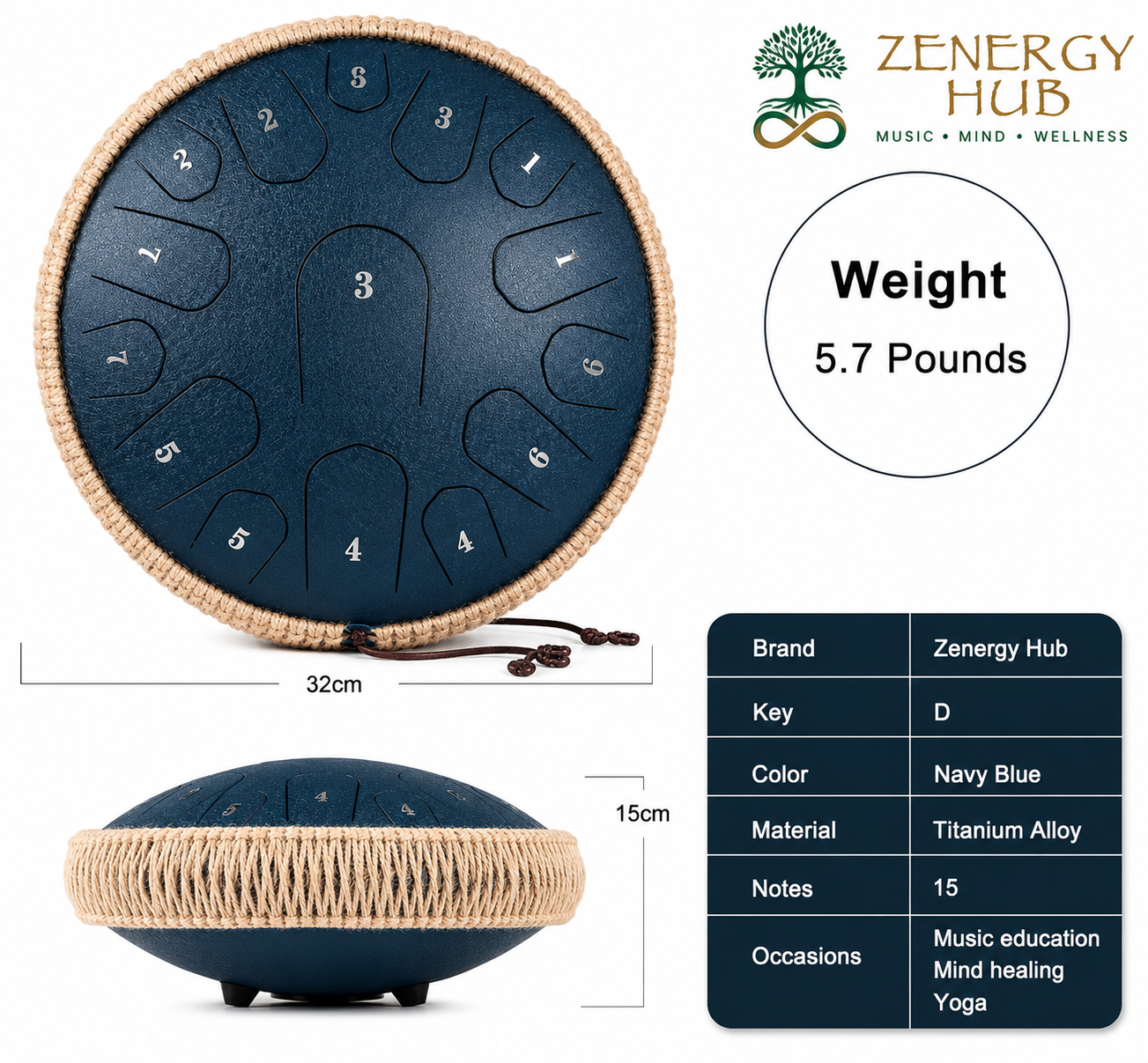 13" Steel Tongue Drum – Navy Blue | 15 Note D Major | Meditation & Sound Healing