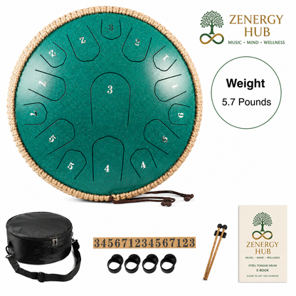 13" Professional Steel Tongue Drum – 15 Note | D Major | Sound Healing Instrument | Malachite Green
