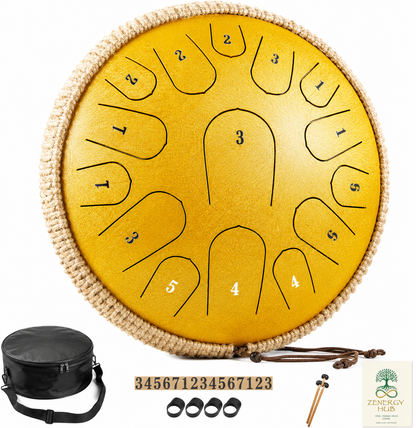 13" Steel Tongue Drum – Yellow | 15 Note D Major | Meditation & Sound Healing