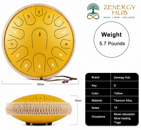 13" Steel Tongue Drum – Yellow | 15 Note D Major | Meditation & Sound Healing