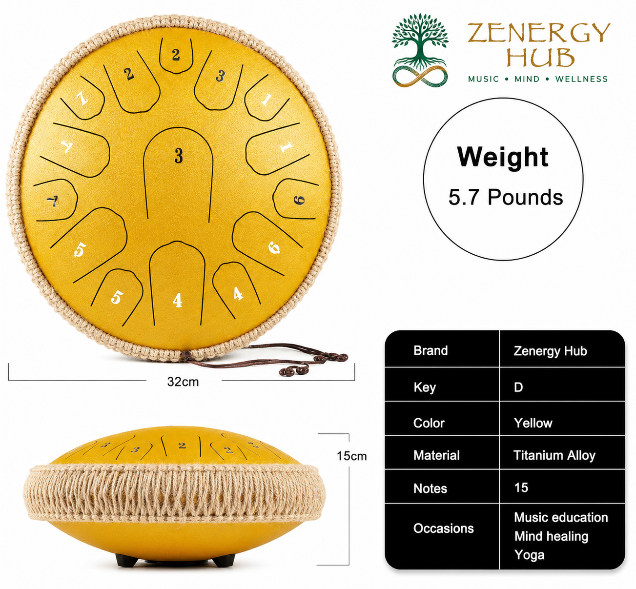 13" Steel Tongue Drum – Yellow | 15 Note D Major | Meditation & Sound Healing