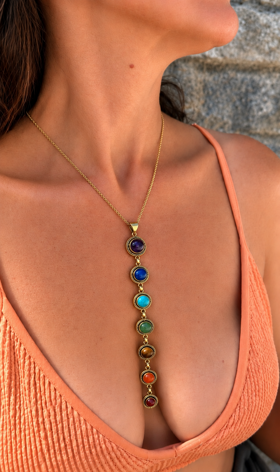 7 Chakra Crystal Drop Necklace – Gold Colour
