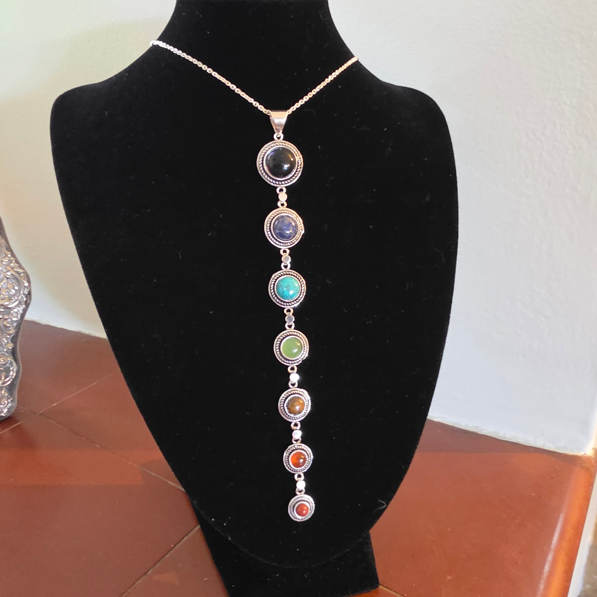 7 Chakra Crystal Drop Necklace – Silver Colour