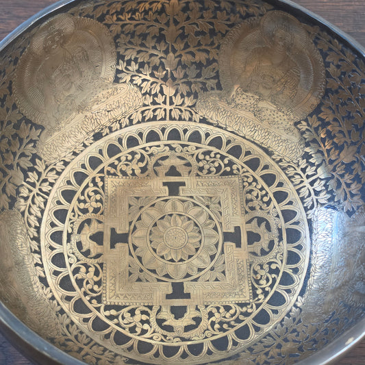 10" Hand-Carved Tibetan Singing Bowl – Mandala Engraving (Premium Artisan Piece)