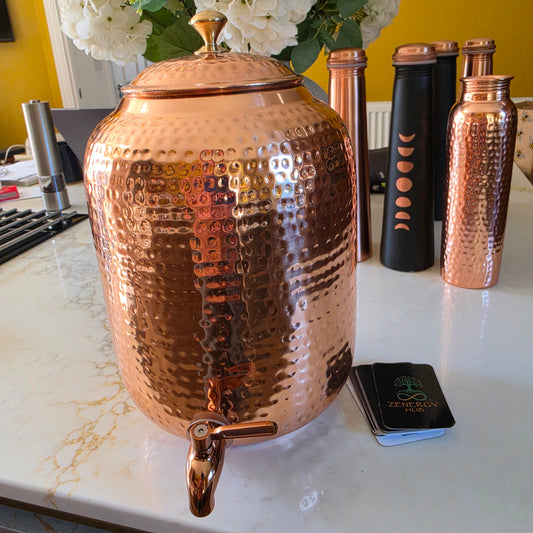 8 Litre Hammered Pure Copper Water Dispenser with Tap & Lid – Handmade in India