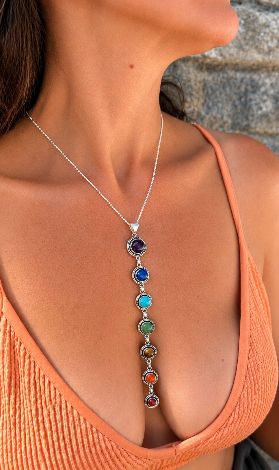 7 Chakra Crystal Drop Necklace – Silver Colour