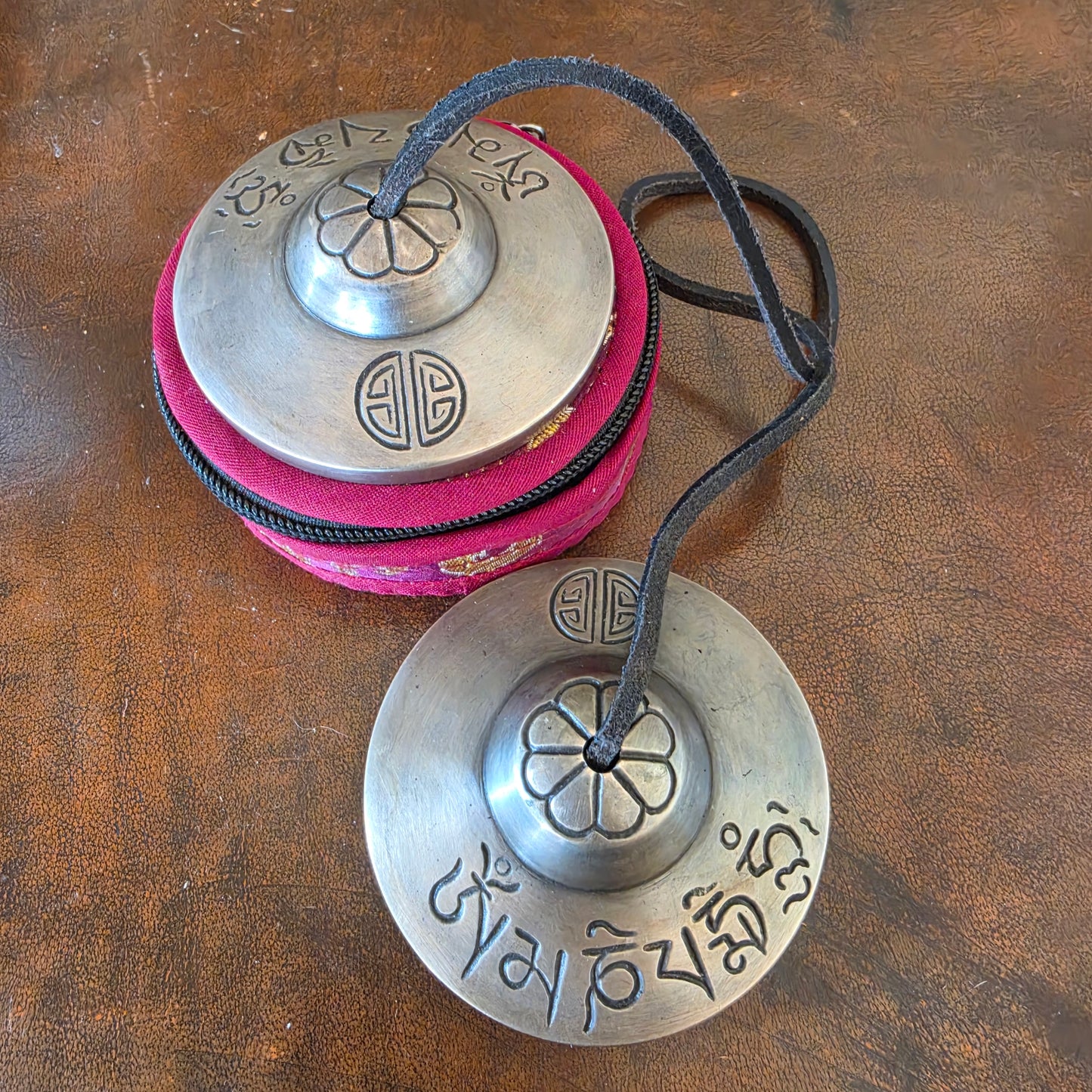3" Tibetan Tingsha Bells – Om Mani Padme Hum & Full Moon Symbols – Handcrafted in Nepal